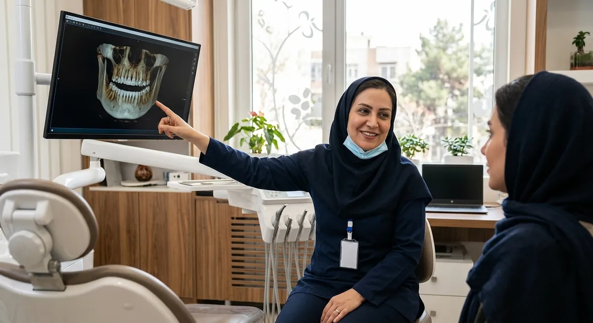 دندانپزشک در حال توضیح روش‌های کاشت ایمپلنت به بیمار با کمک تصاویر دیجیتال و طرح درمان.